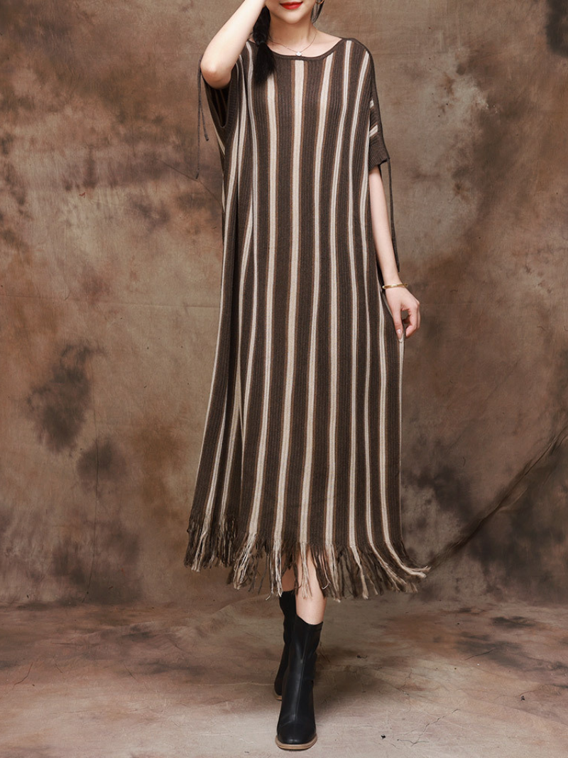 Striped Knit Round-Neck Fringe-Hem Midi Dress
