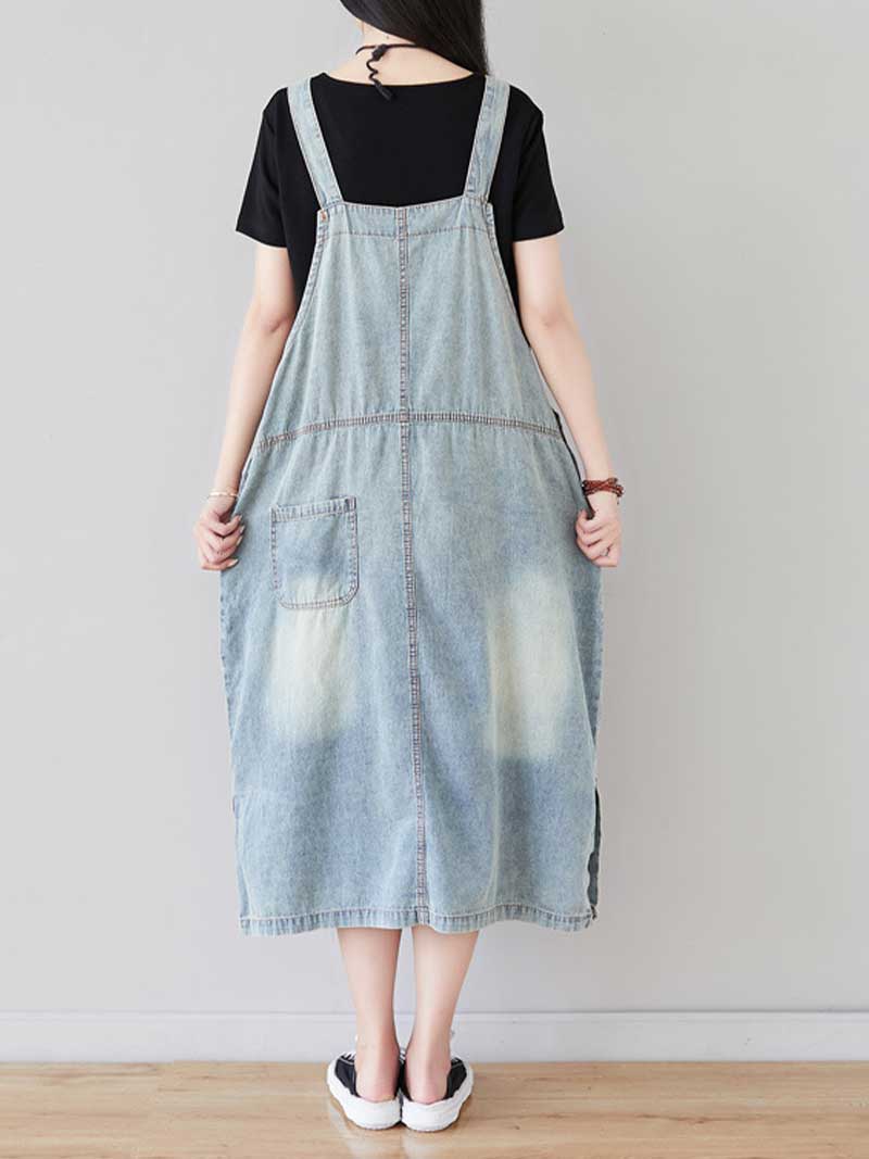 Distressed Denim Bib Pinafore Overall Midi Dress 2