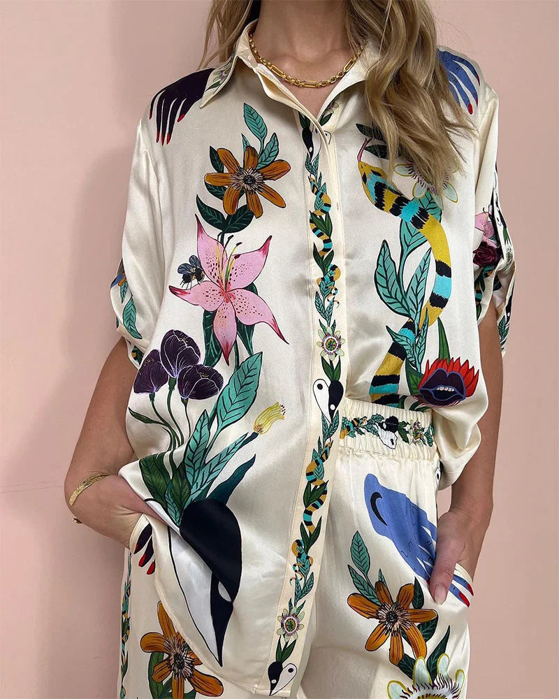 Flower jungle print casual two-piece set - Fashionpara