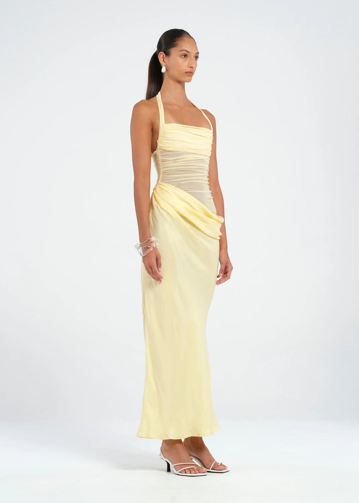 Halter Ruched Draped Satin Bias-Cut Maxi Dress 3