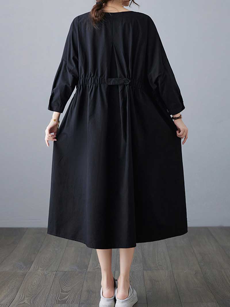 Round Neck Batwing Tab-Waist Pocket Cocoon Midi Dress 6