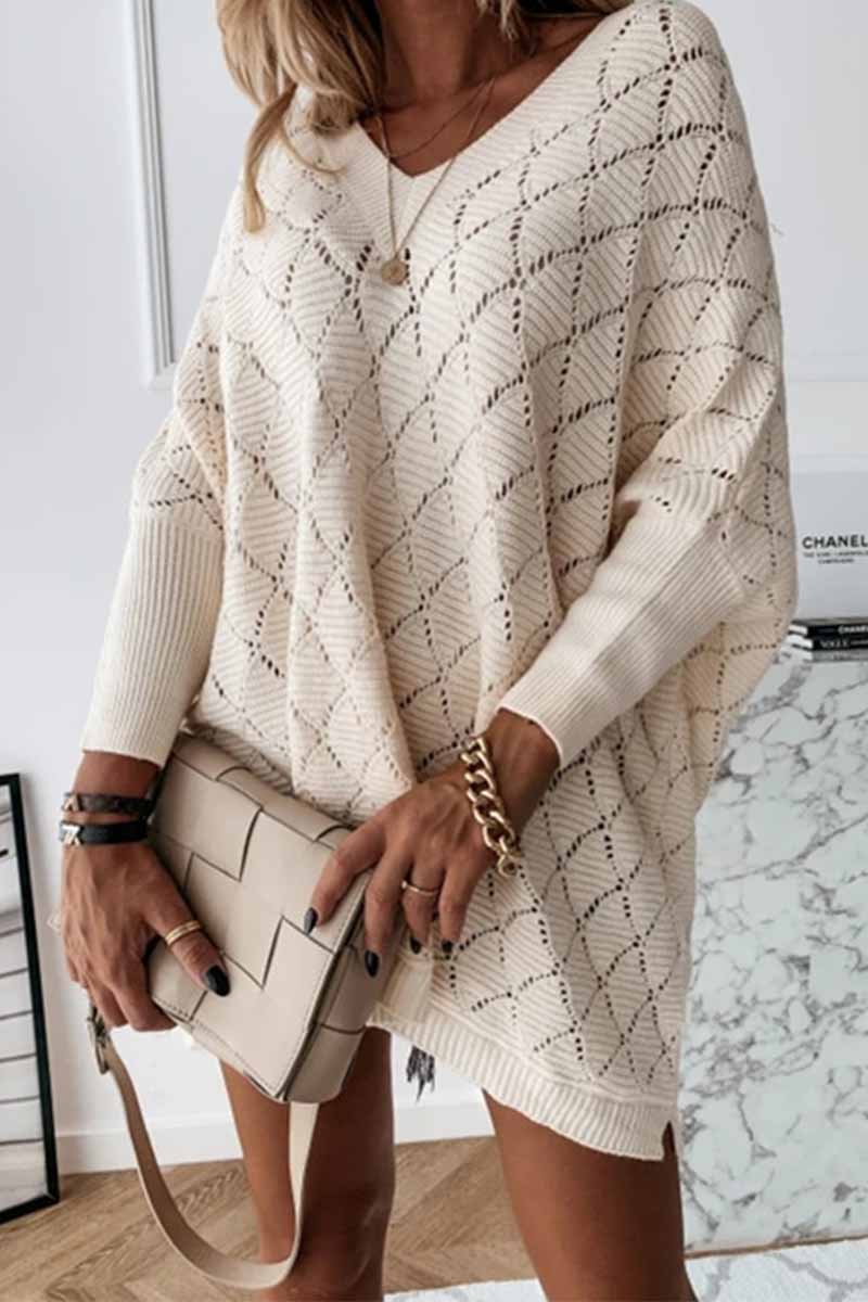 Florcoo V-Neck Hollow Bat Sleeve Sweater for Stylish Comfort