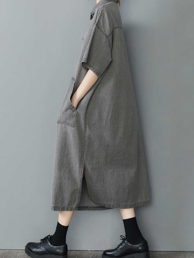 Plain Cotton Grey Color Short Sleeve Midi Dress 2
