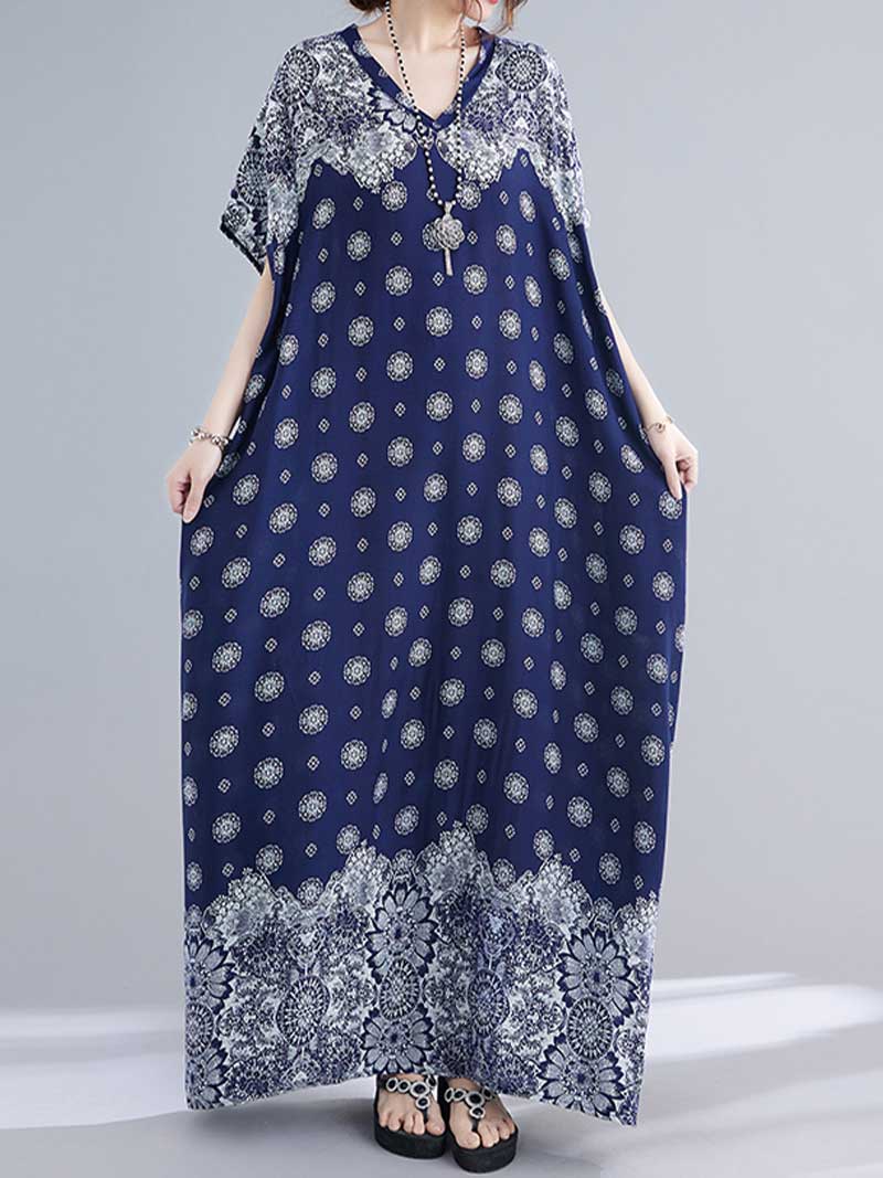 Medallion Print V-Neck Short Sleeve Kaftan Maxi Dress
