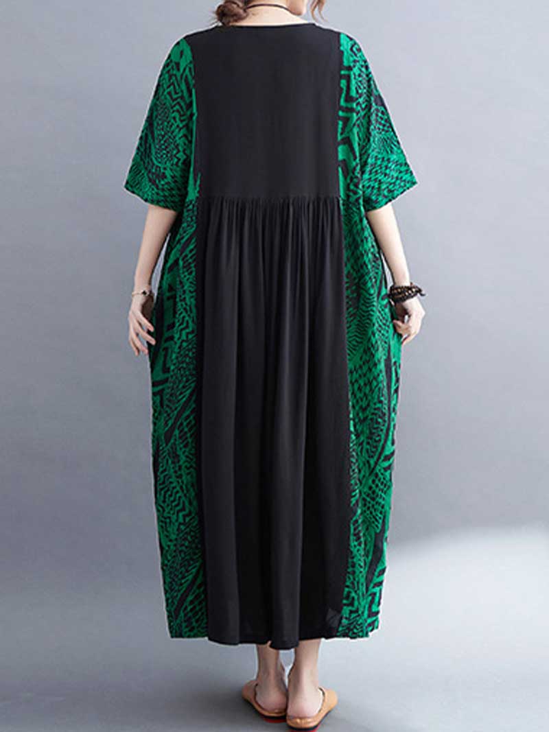 Geometric Print Round Neck Short Sleeve Pleated Maxi Dress 3