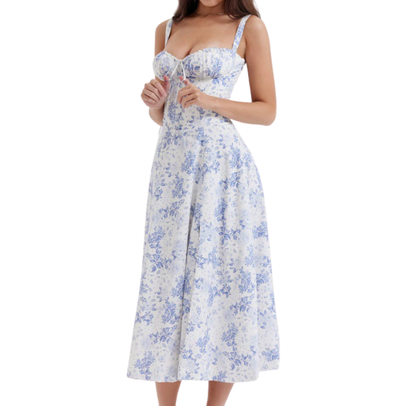 Floral Sweetheart Neckline Ruched Corset Midi Dress 2