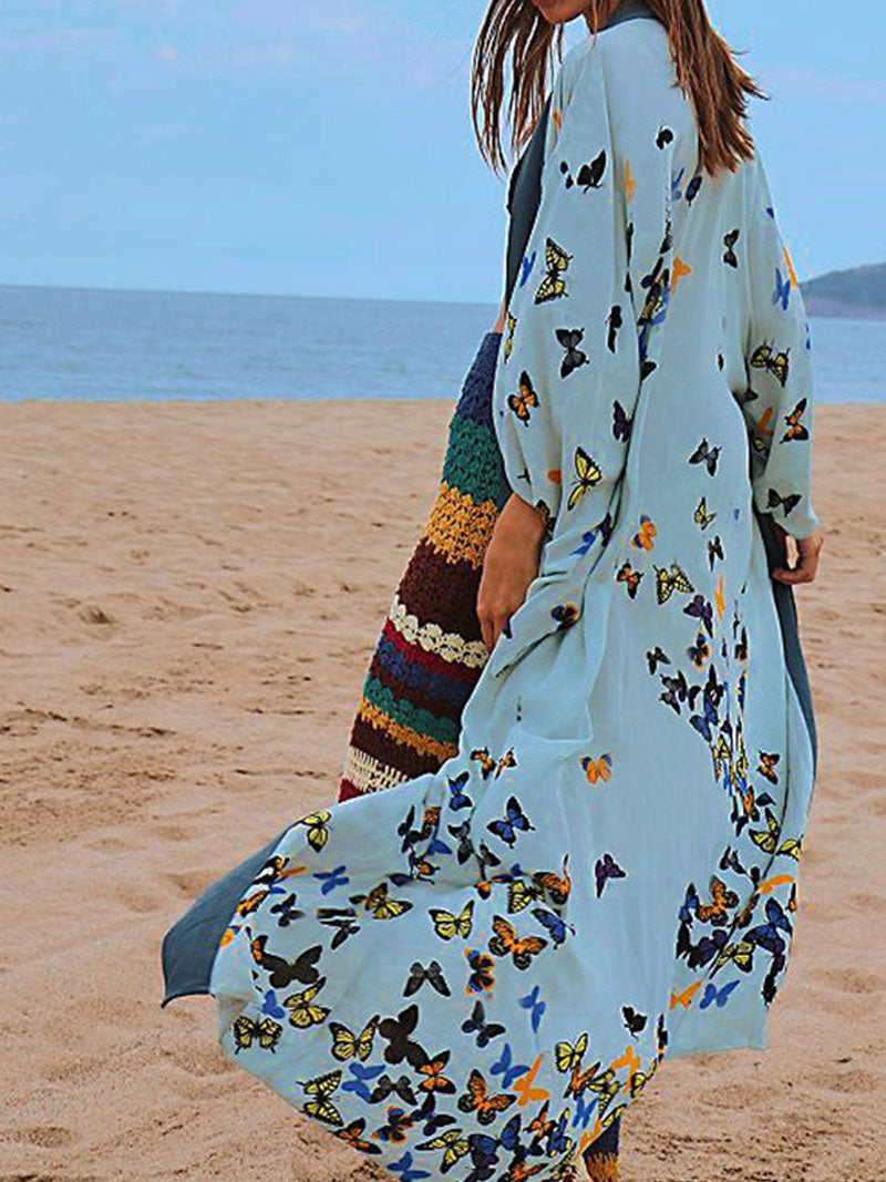 Bride to Be Butterfly Print Blue Color Cotton Long Length Gown Kimono Duster Robe - Fashionpara
