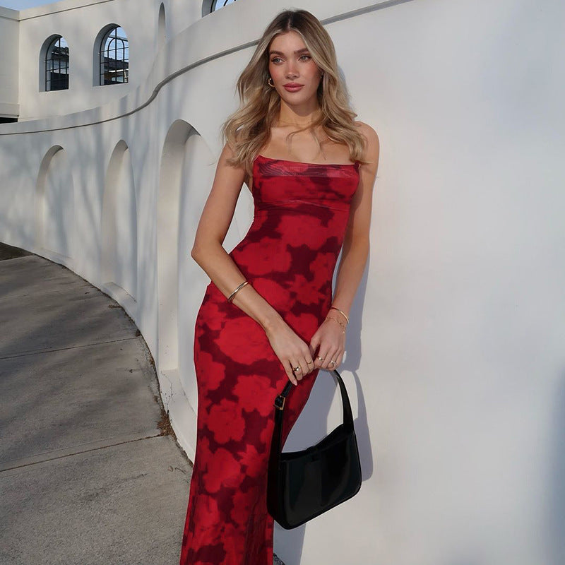 Floral Print Square Neck Bodycon Maxi Dress