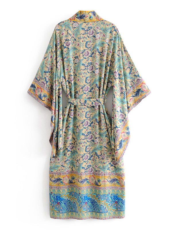 Long Kimono Floral Print Green Color Cotton Viscose Long Length Gown Kimono Duster Robe - Fashionpara