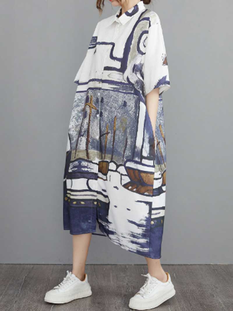 Abstract Art Print Cotton Short Sleeve A-Line Shirt Dress 7