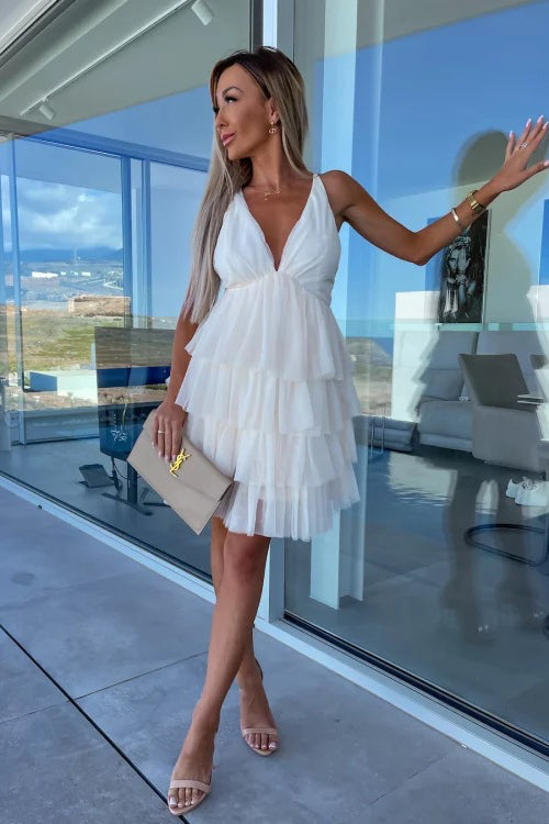 Tulle V-Neck Spaghetti Strap Tiered Ruffle Mini Dress - View 2