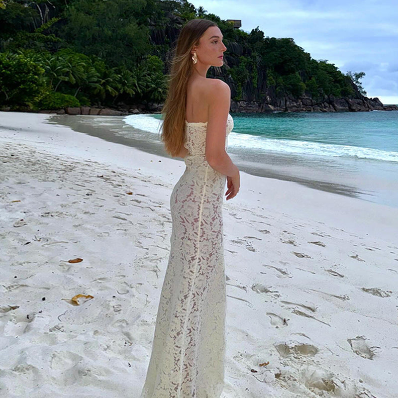 Floral Lace Sweetheart Strapless Column Mermaid Gown 3