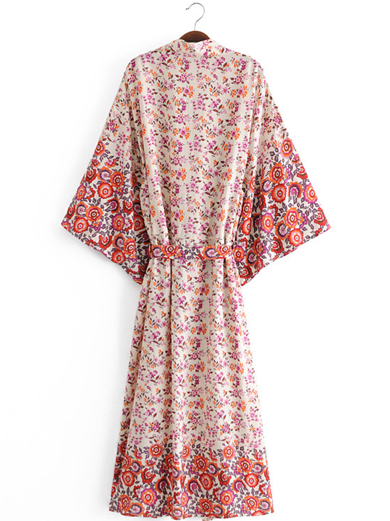 Bridal Party Wear Long Length With Floral Print Red Color Cotton Gown Kimono Duster - Fashionpara