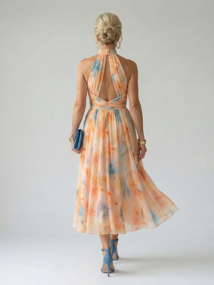 Floral Halter Neck Sleeveless Pleated Midi Dress 3