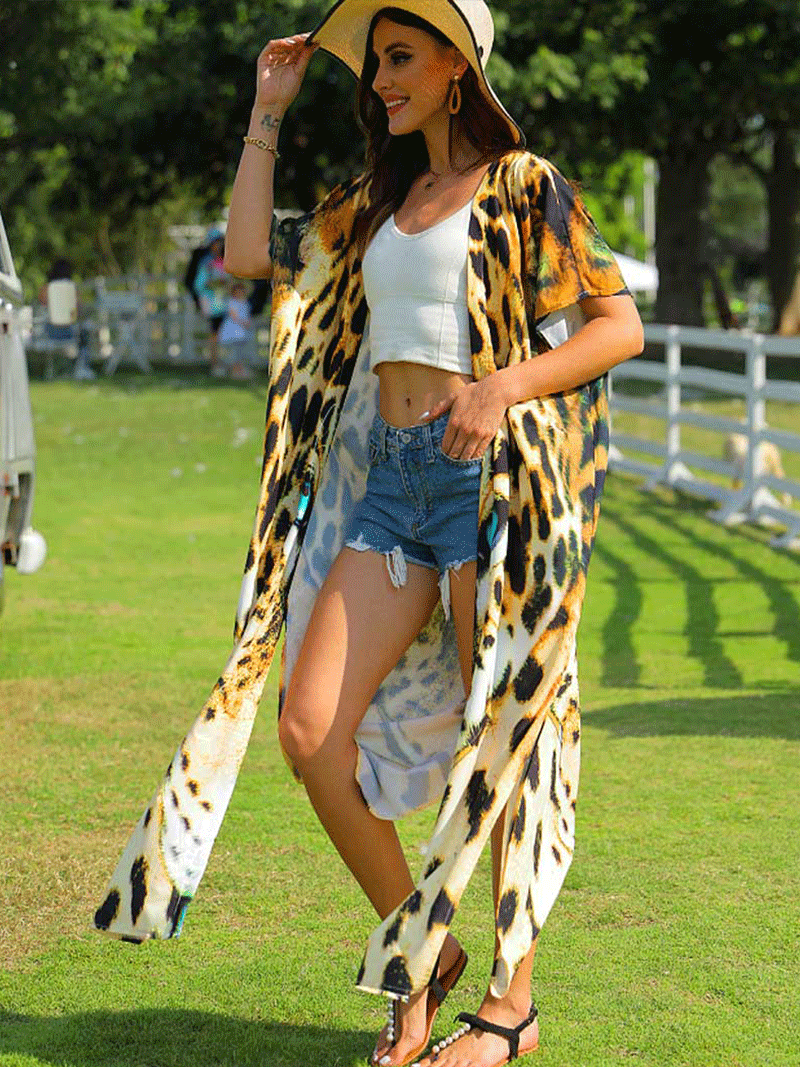 Leopard Print Yellow Leopard Color Polyester Long Length Gown Kimono Duster Robe - Fashionpara