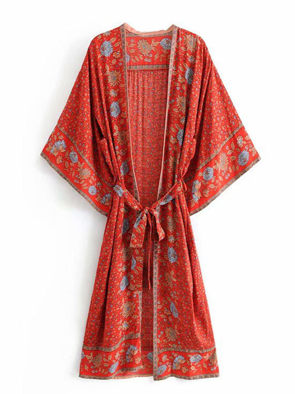 Beachwear Floral Print Red Color Cotton Long Length Gown Kimono Duster Robe - Fashionpara