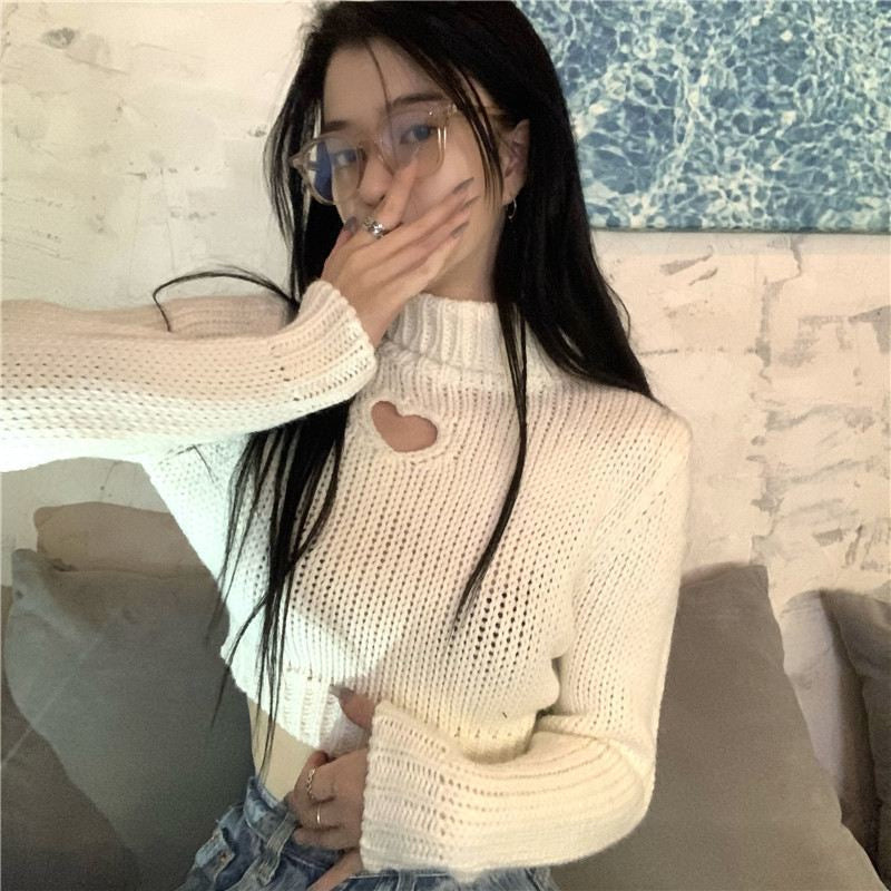 KittenAlarm - Cute Love Hole Shaped High Neck Cropped Sweater