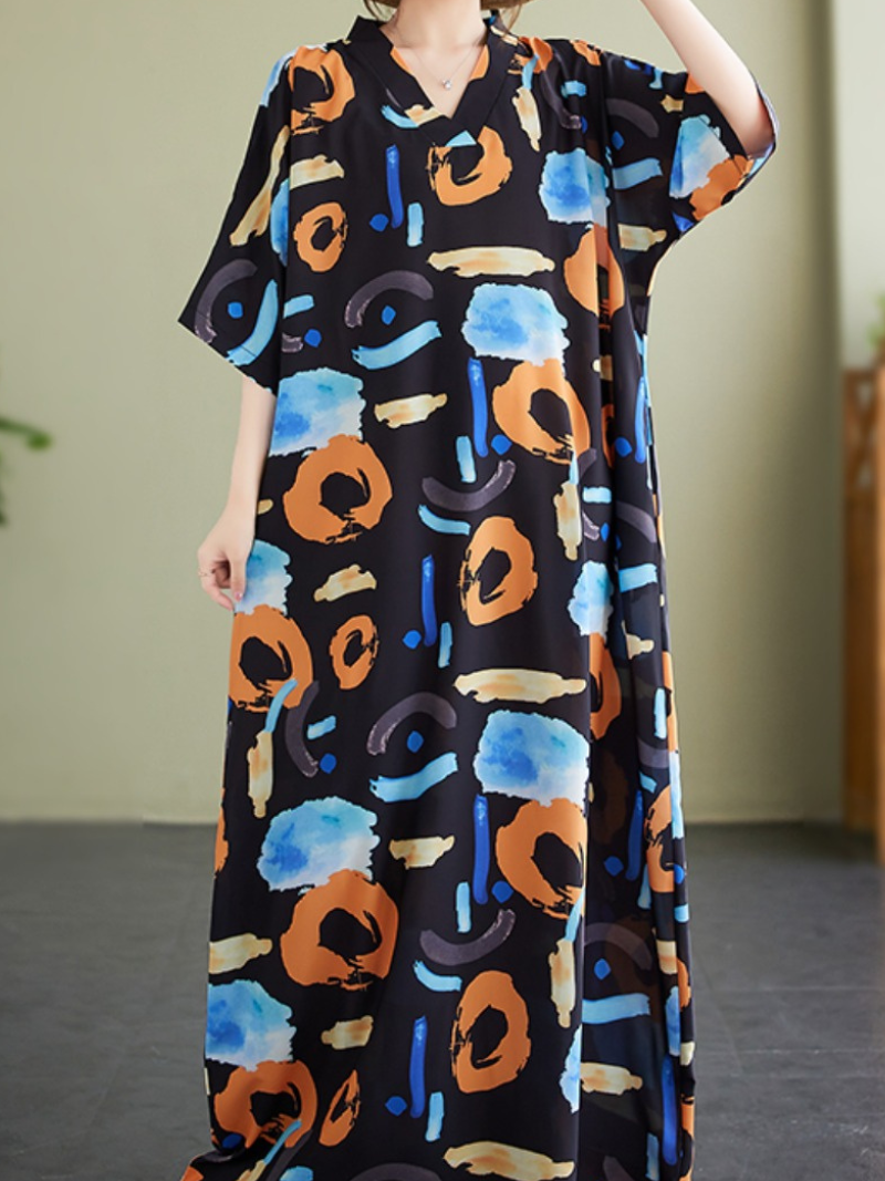 Abstract Print V-Neck Short Sleeve Kaftan Maxi Dress 2