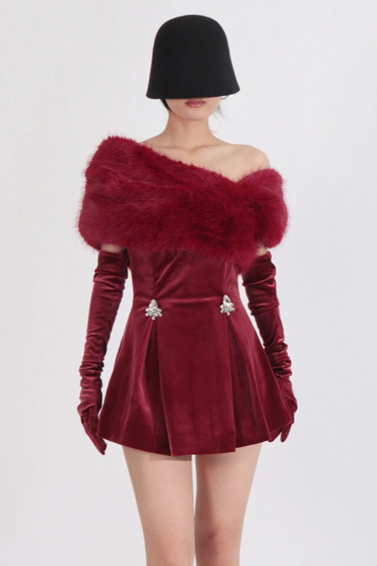 Velvet Off Shoulder Faux Fur Collar Rhinestone Pleated Mini Dress