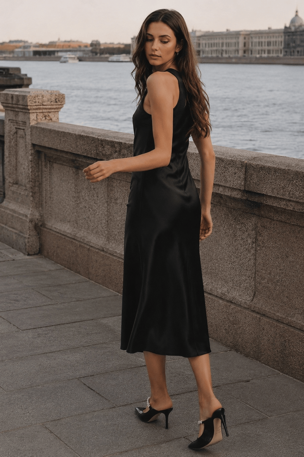 Round Neck Sleeveless Satin Bias Cut Midi Slip Dress 4