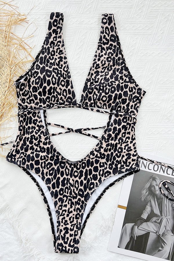 Leopard Print Cutout Tie One Piece Swimsuit - Fashionpara