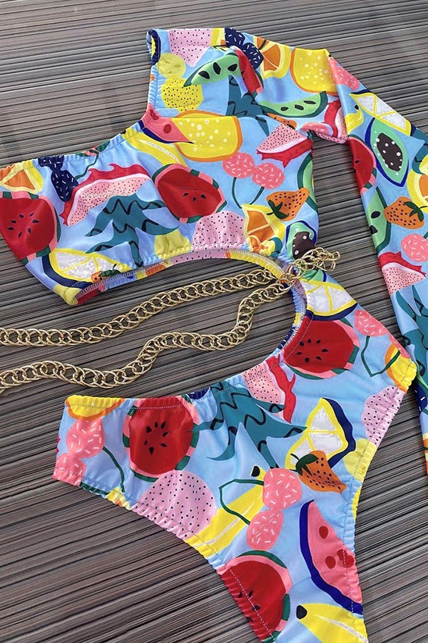 One-Shoulder Printed Metal Chain Cutout One-Piece Swimsui - Fashionpara