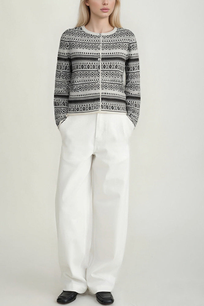 Vintage Jacquard Knit Cardigan with Elegant Button Detail