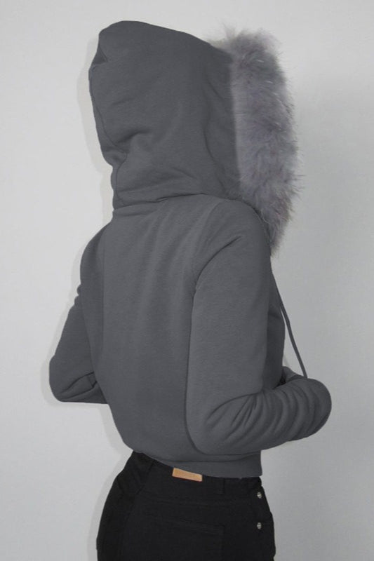 Fur Trim Hooded Zip Waist Jacket