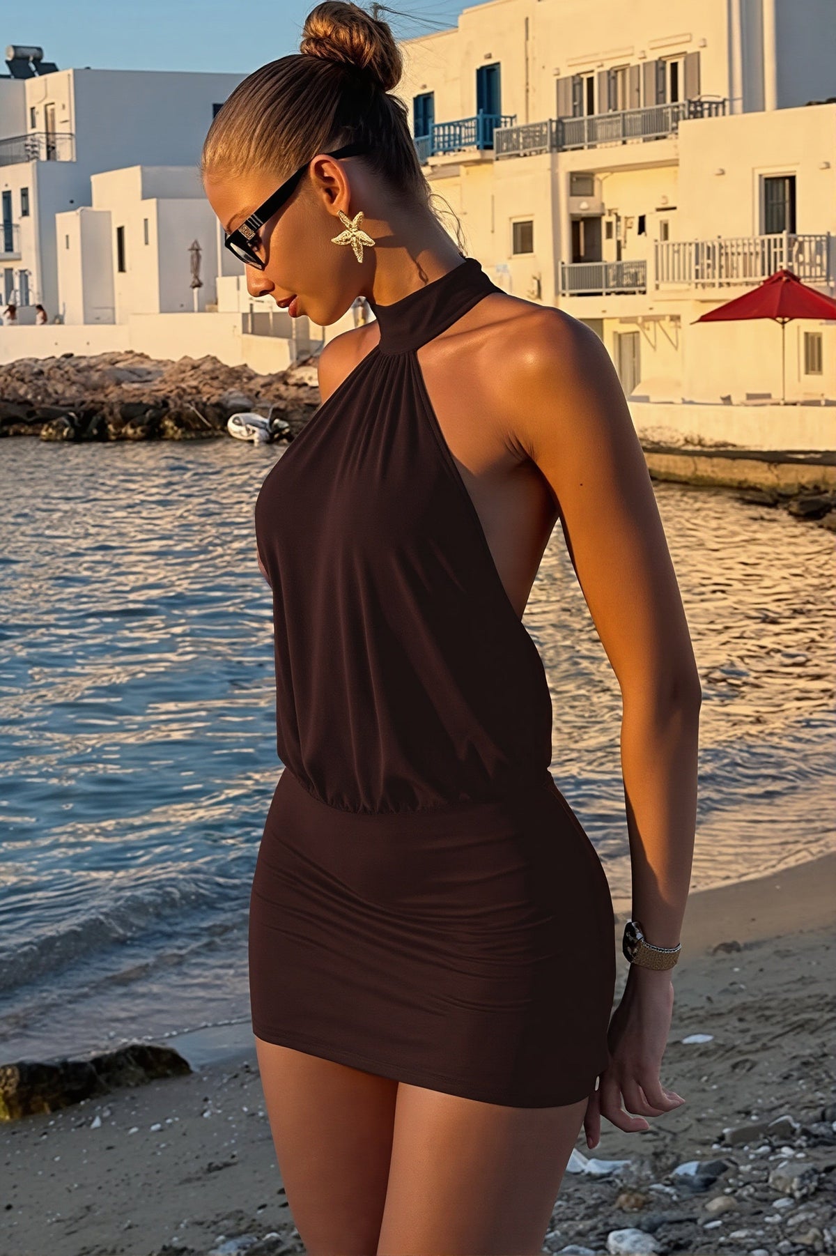 Halter Neck Draped Open Back Bodycon Mini Dress 3