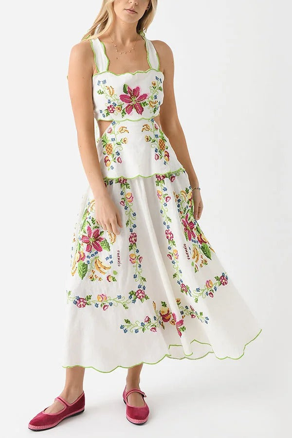 Tropical Romance Printed Tie-up Cutout Waist Midi Dress - Fashionpara