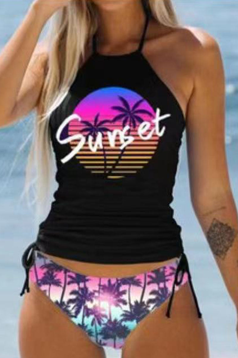 Simple resort style black bottom multi-color coconut tree halterneck two-piece swimsuit - Fashionpara