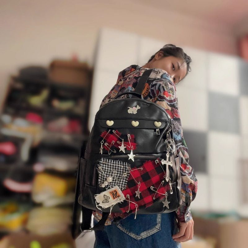 Large Capacity Gothic Star Patch Y2K Vintage Harajuku PU Leather Bag - Fashionpara