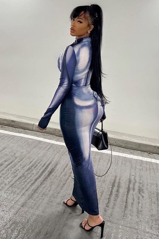 Digital Print High Collar Bodycon Pencil Maxi Dress