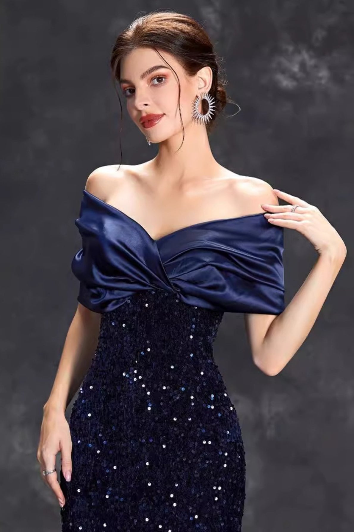 Off-Shoulder Satin-Drape Sequin Mermaid Gown