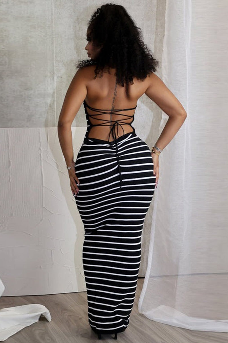 Striped Knit High Neck Sleeveless Bodycon Maxi Dress 4