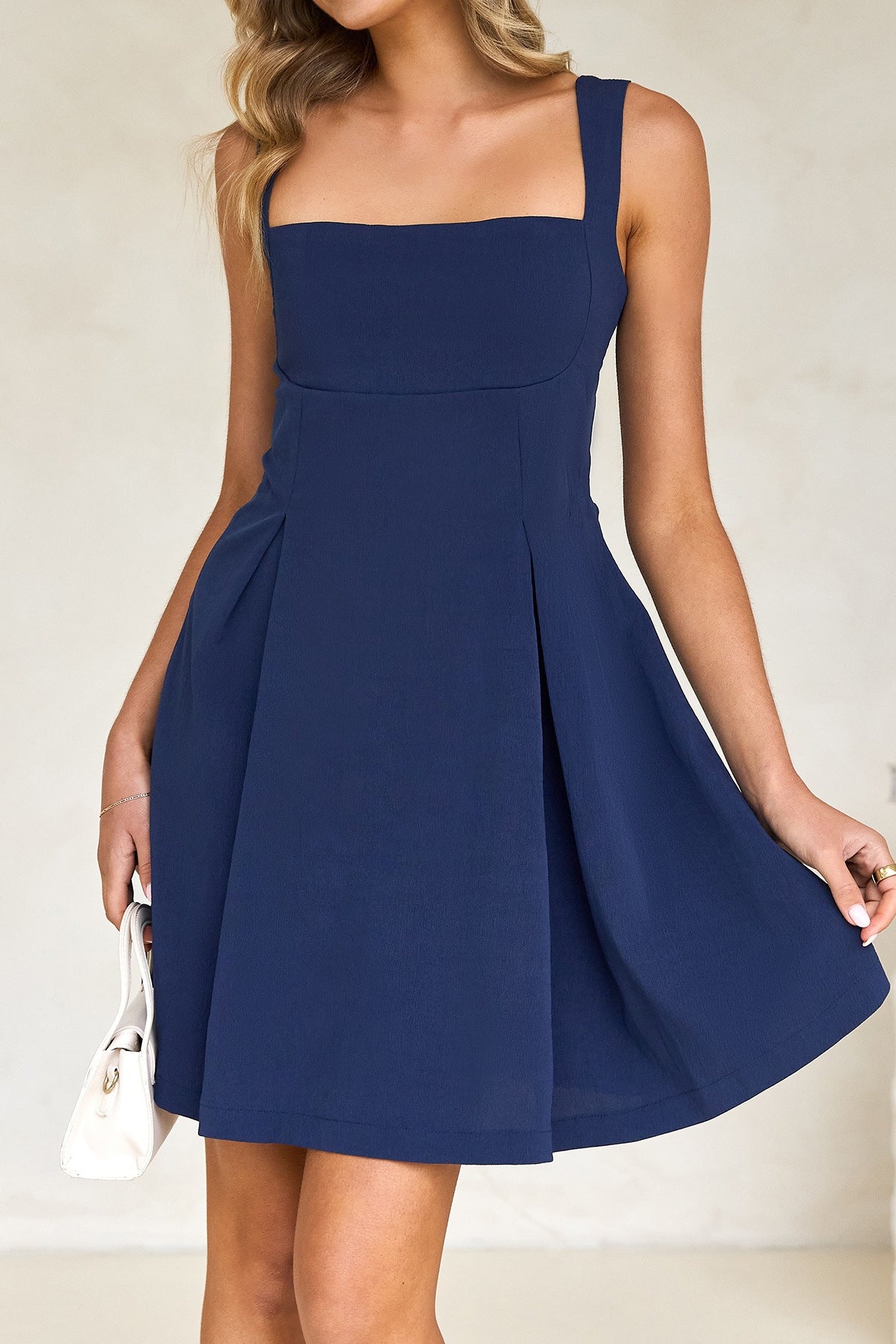 Square-Neck Sleeveless Pleated A-Line Mini Dress