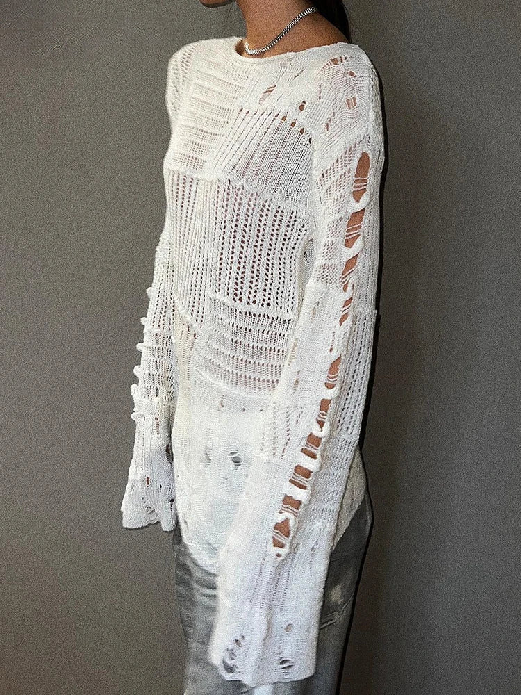 Chic Hollow Out Long Sleeve Knitted Pullover Sweater