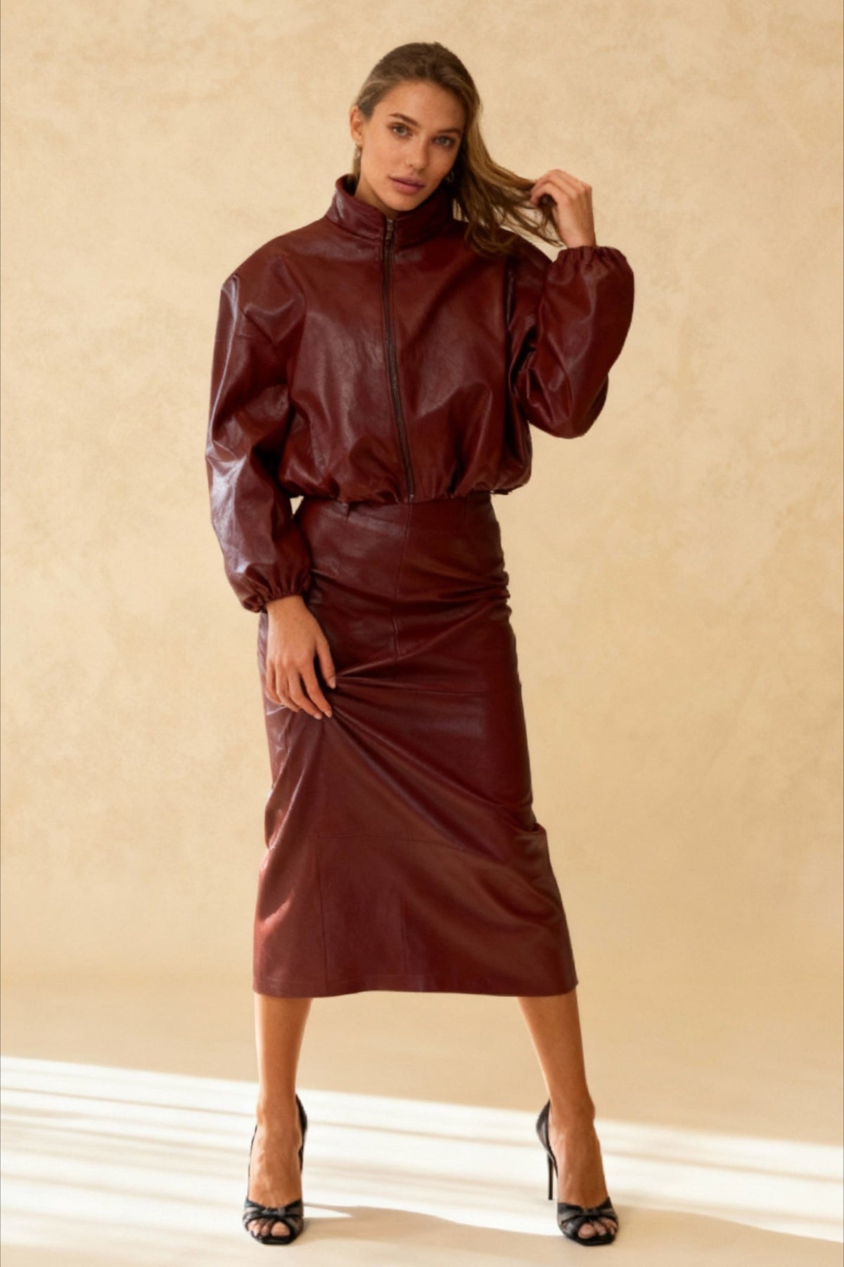 Chic Solid Patent Leather Stand Collar Jacket Skirt Two Piece Set