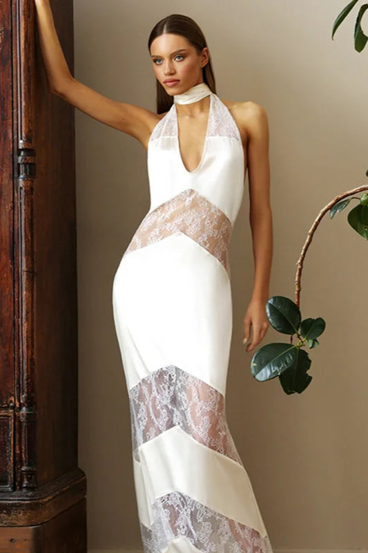 Slim Elegant V Neck Lace Halter Maxi Dress