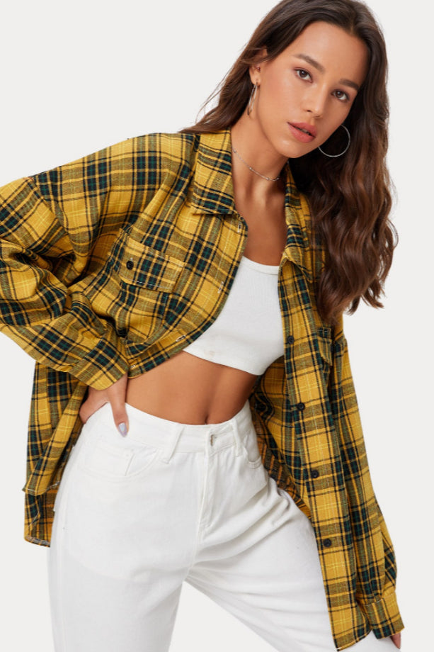 Plaid Stand Collar Button Shirt Blouse - Fashionpara