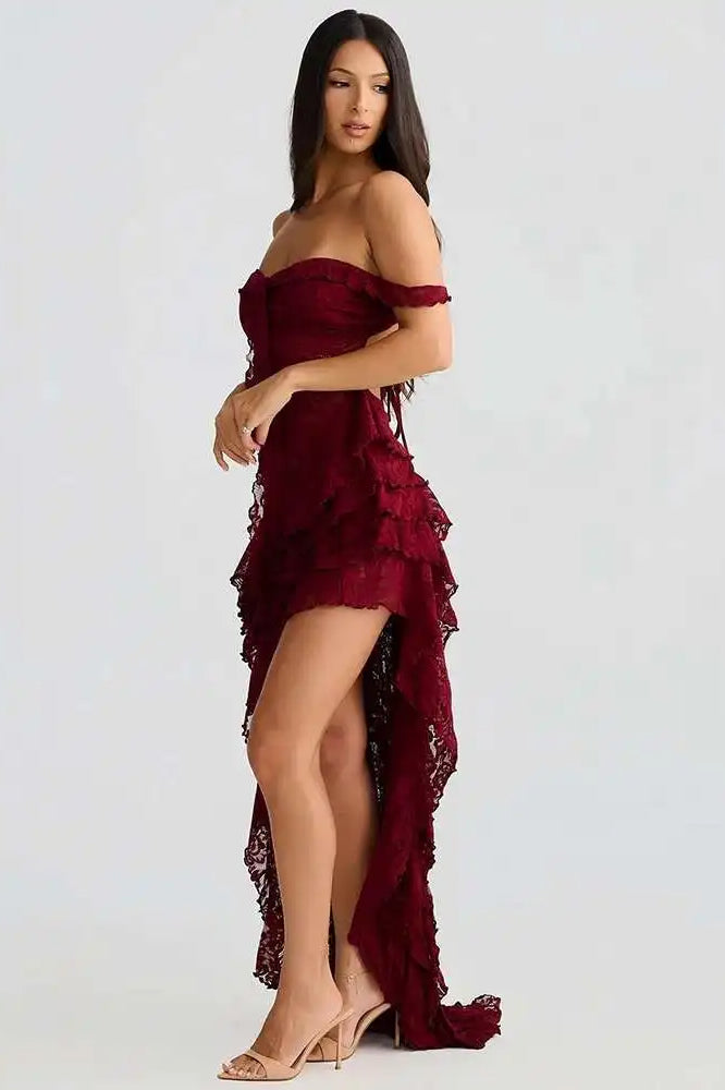 Lace Ruffle Off Shoulder Midi Dress - View 5