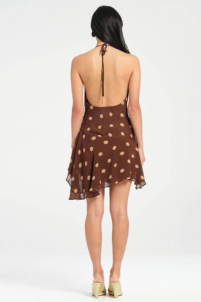 Polka Dot Chiffon Halter Deep V-Neck Ruffle Hem Mini Dress - View 7