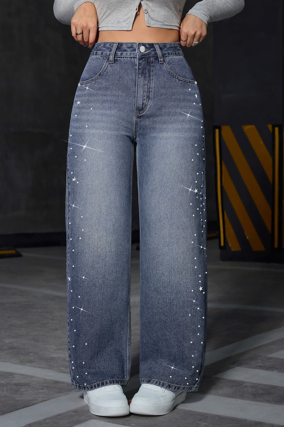 Rhinestone Washed Blue Jeans