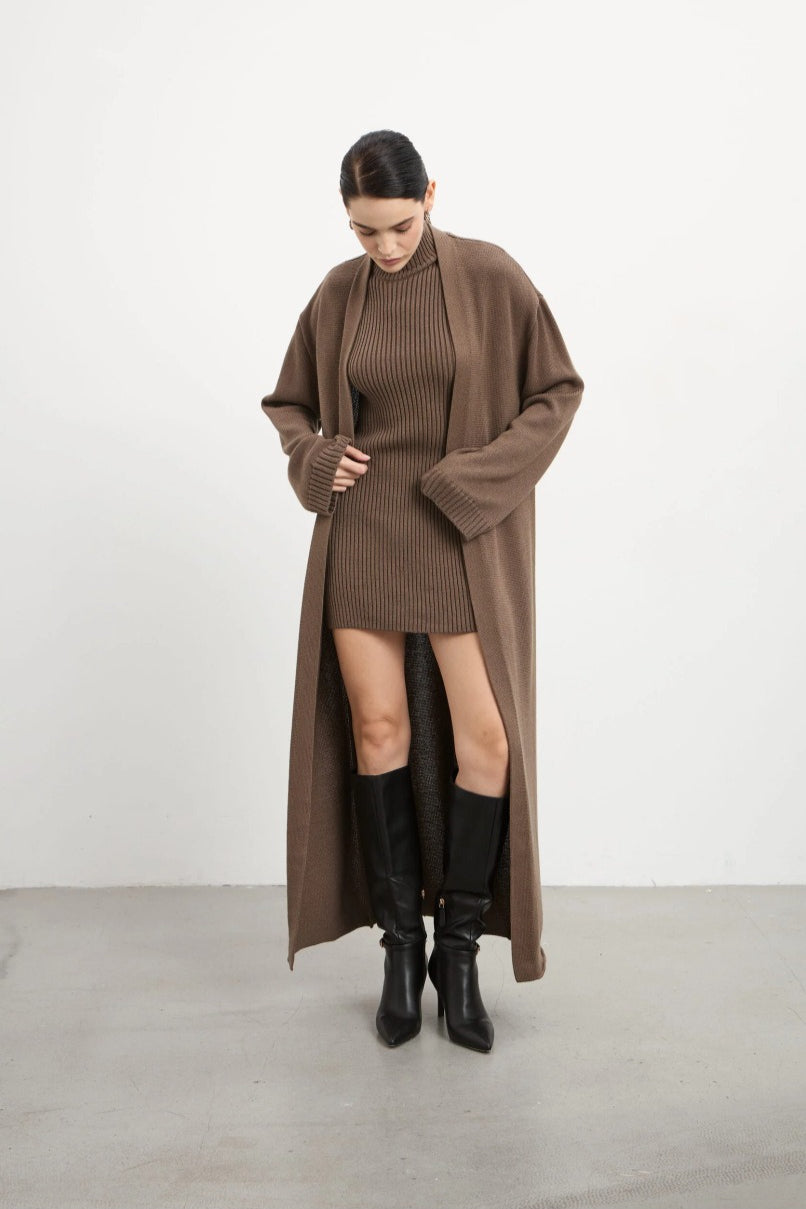 Fitted Knit Tank Dress and Long Cardigan Two-Piece Set