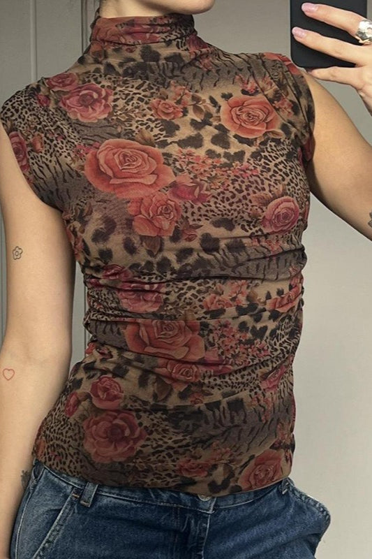 Contrast Print High Neck Blouse