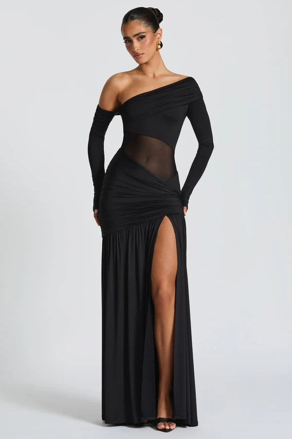 Off Shoulder Long Sleeve Ruched High Split Mermaid Gown - View 5