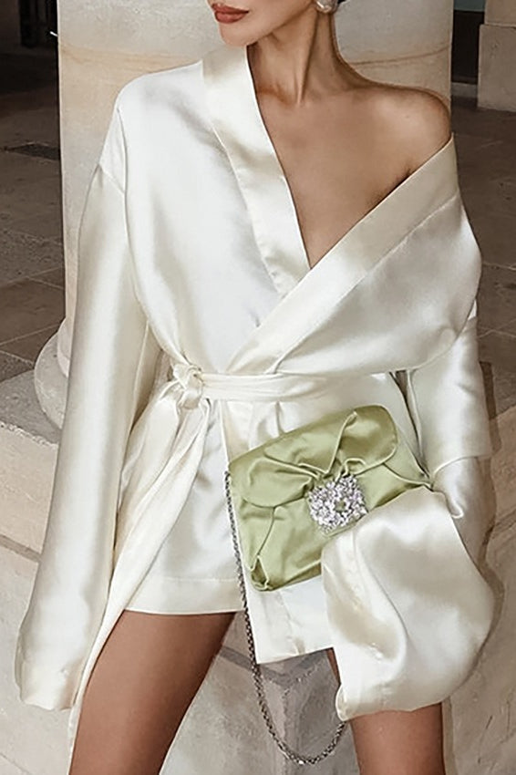 Satin Off-Shoulder Long Sleeve Tie-Waist Wrap Mini Dress