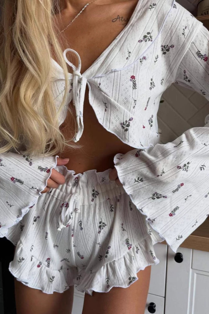 Floral Hollow Out Long Sleeve Cardigan and Shorts Set
