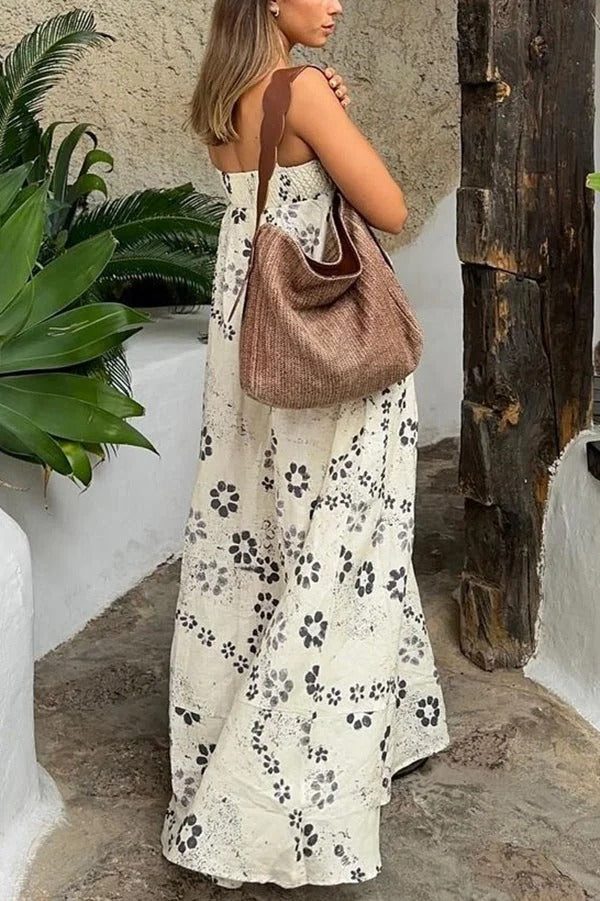 Linen Blend Floral Print Strappy Full-hem Backless Maxi Dress - Fashionpara