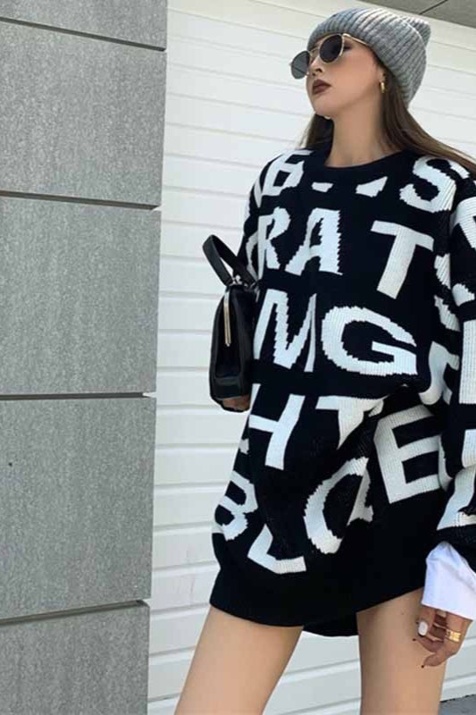 Jacquard Letter Knit Pullover Sweater